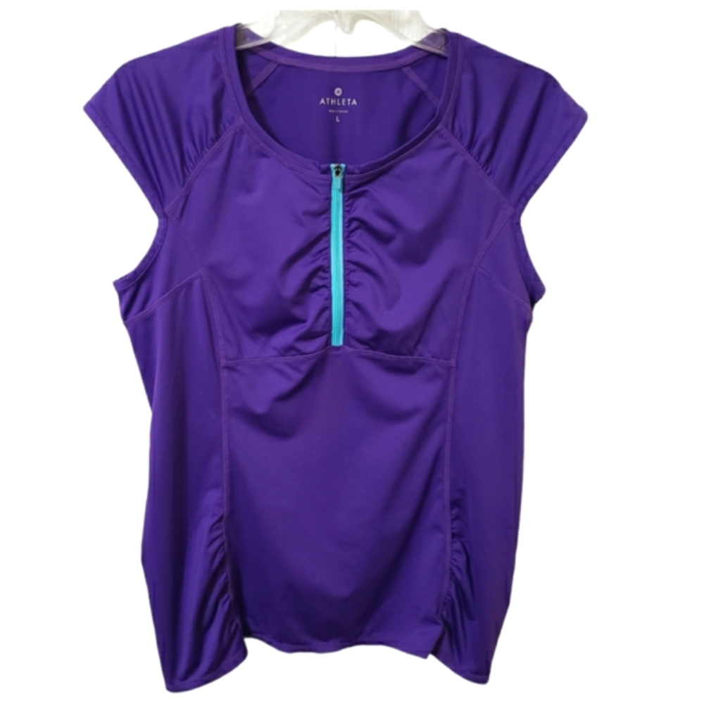 Athleta Purple Ruched Top With Back Zip Pocket Capped Sleeves Women's Size Large